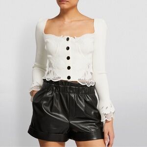 Self-Portrait Ivory Lace-Trim Ribbed Button Knit Top